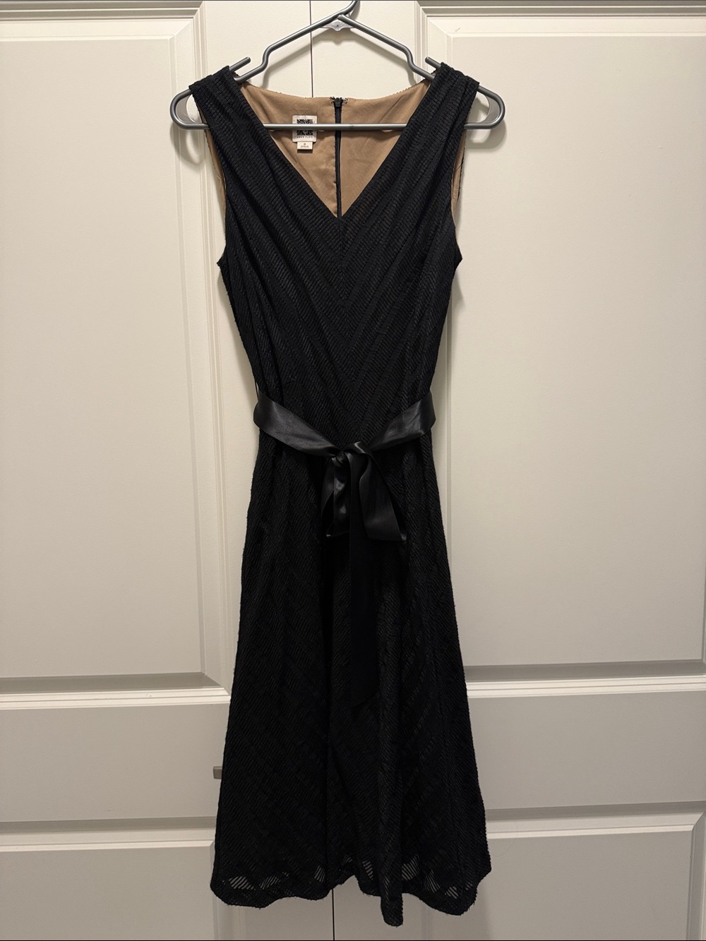 Anne Klein Black V-Neck Sleeveless A-Line Dress with Satin Waist Tie
